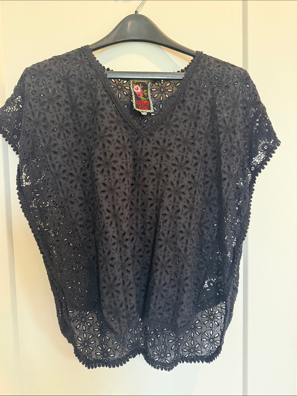 Johnny Was Black Crochet Floral Eyelet V-Neck Tunic